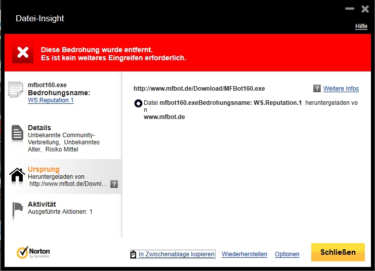 Norton löscht MFBot direkt